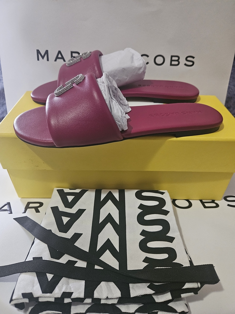 Marc Jacobs Fuchsia Slide Sandals with Crystal Logo Accent